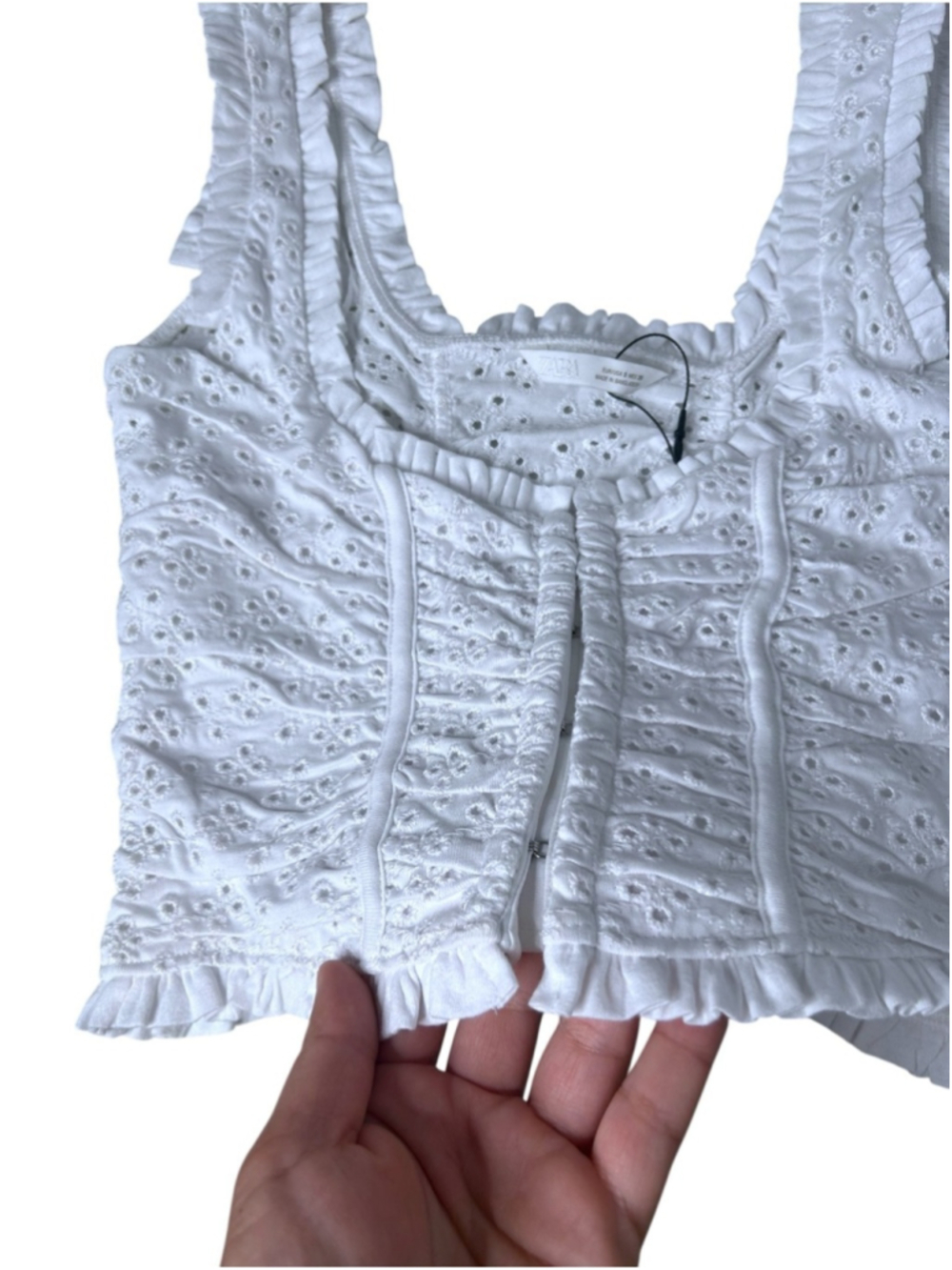 Zara White Eyelet Lace Ruched Ruffle Boho Corset Cotton Crop Top Size Small - Picture 10 of 15
